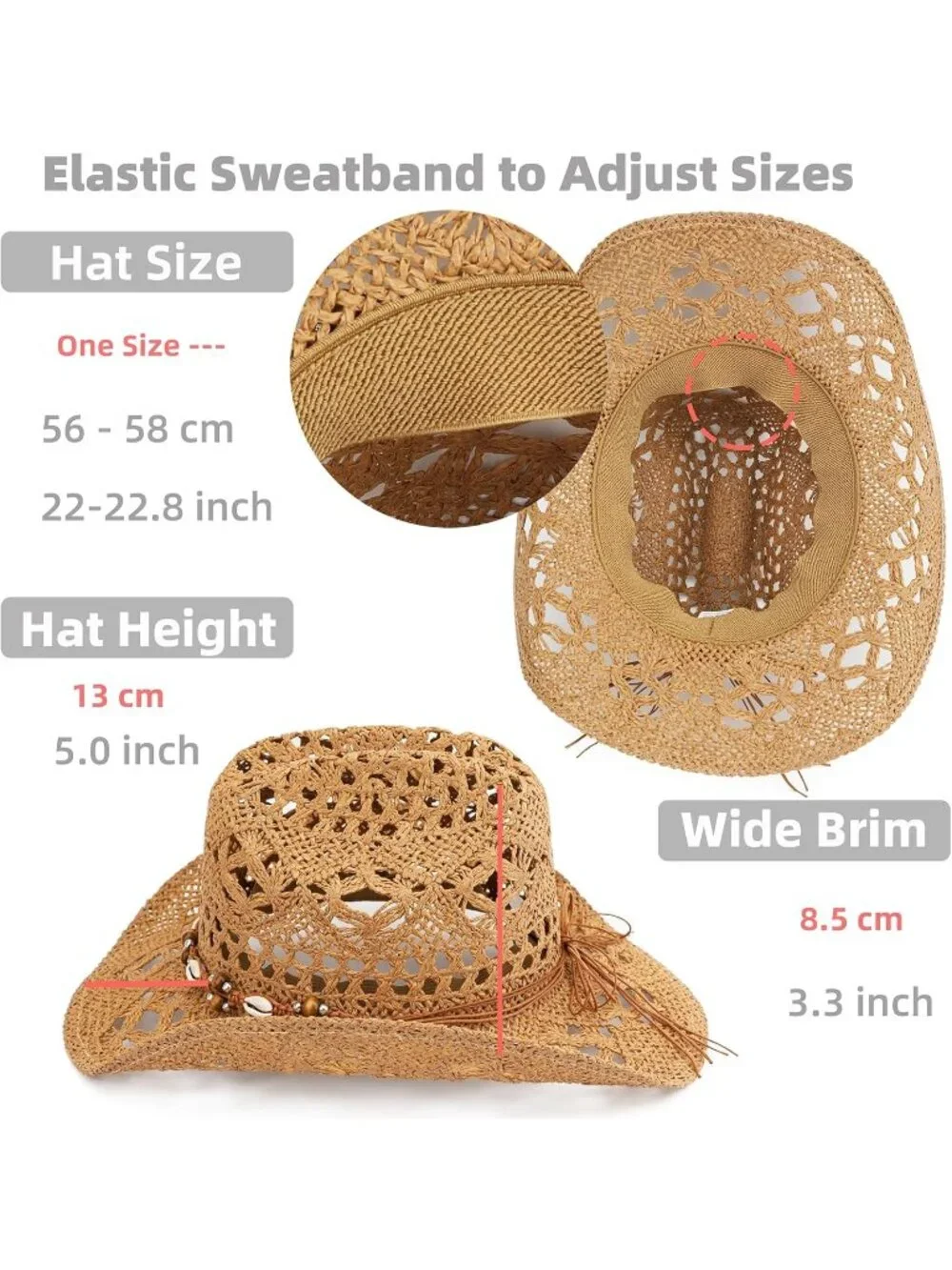 Men's Khaki Straw Adjustable Wide Brim Sun Beach Western Cowgirl Cowboy Hat